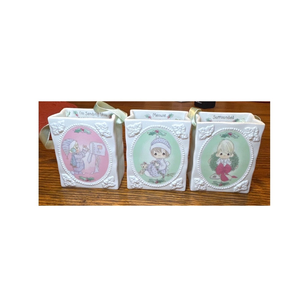Precious Moments Holiday Bag Ornaments White 1994 Vintage Set of 3